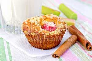 Cupcake with rhubarb and milk on linen napkin