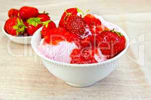 Ice cream strawberry in bowl on fabric