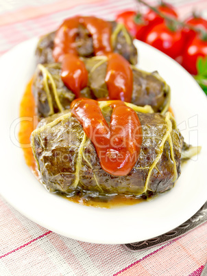 Rhubarb leaves stuffed with sauce in plate on tissue