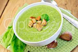 Soup puree of spinach with garlic on board
