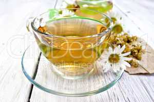 Tea chamomile in cup on light board