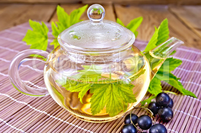 Tea with black currants in glass teapot on board