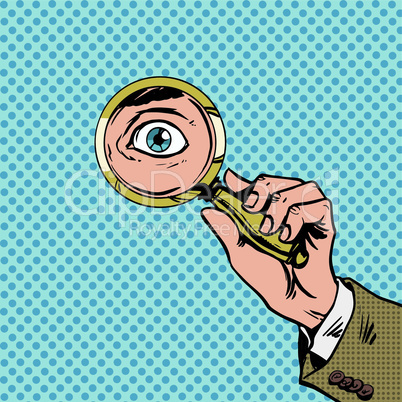 Look through a magnifying glass searching eyes pop art comics retro style Halftone