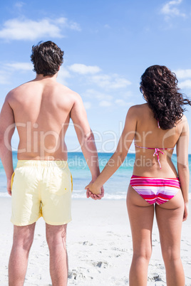 Happy couple holding hands and looking at the sea
