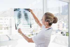 Doctor looking at Xray beside windows