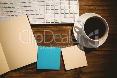 Overhead shot of post its and cup of coffee