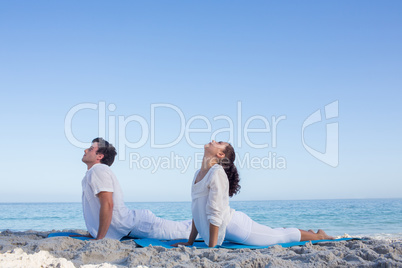 Happy couple doing yoga beside the water