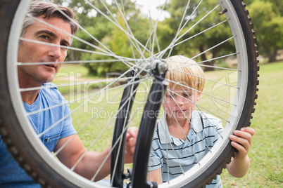 Father and his son fixing a bike