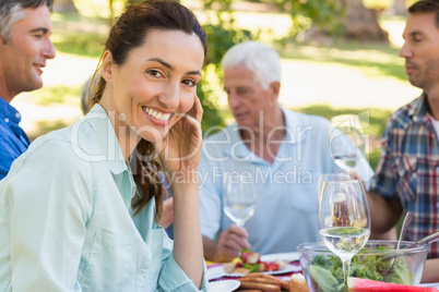 Pretty brunette smiling at camera during a picnic