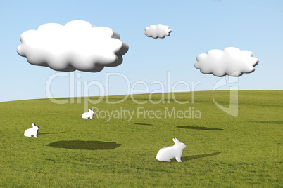 Three white rabbits on grass under cumulus clouds