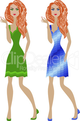 Redhead girl in green and blue dresses