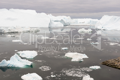 Arctic landscape in Greenland with icebergs