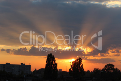 summer sunset with dark sky and sun beams