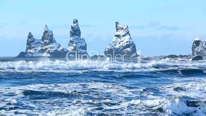 Three pinnacles of Vik, South Iceland in winter