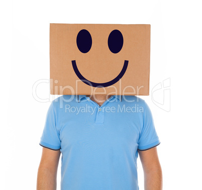 Man standing with a cardboard box on his head with smiley face