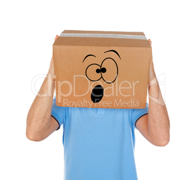 Man with cardboard box on his head and frightened emoticon face