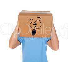 Man with cardboard box on his head and frightened emoticon face