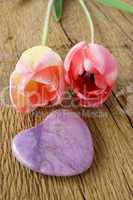 Two Tulips and a purple stone heart