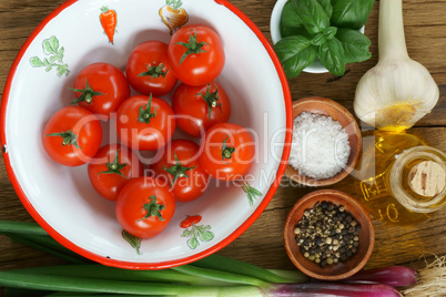 Close up of ingredients for a tomato sauce
