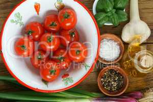 Close up of ingredients for a tomato sauce