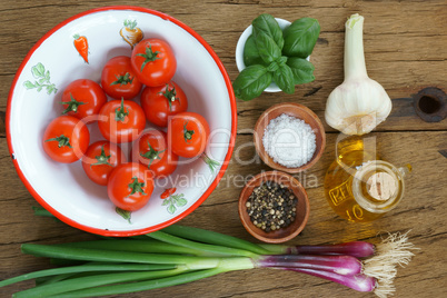 Close up of ingredients for a tomato sauce