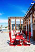 The outdoor restaurant near beach at luxury hotel, Crete, Greece
