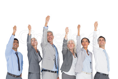 Business people raising their arms