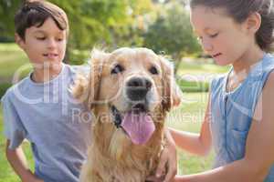 Sibling with their dog in the park