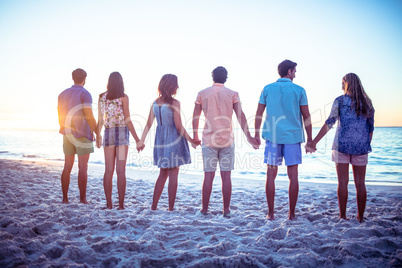 Happy friends holding hands back to camera