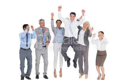 Business people cheering in office Business people cheering in office