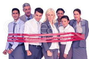 Unhappy business people surrounding by red strip