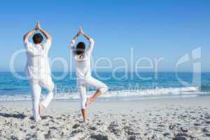 Happy couple doing yoga beside the water