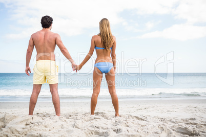 Happy couple holding hands and looking at the sea