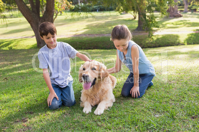 Sibling with their dog in the park