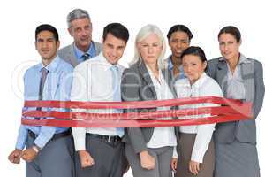 Unhappy business people surrounding by red strip