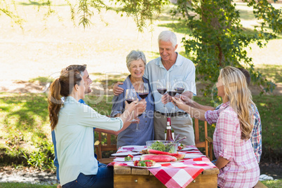 Happy seniors toasting with their family