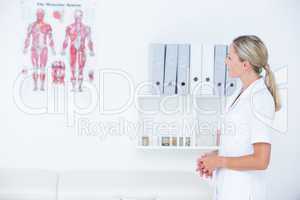 Doctor looking at musculator system poster