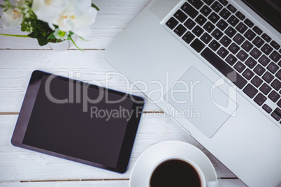 Overhead shot of laptop and tablet