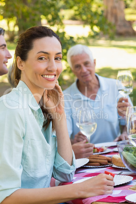 Pretty brunette smiling at camera during a picnic