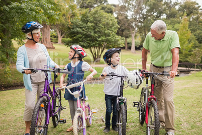 Happy grandparents with their grandchildren on their bike