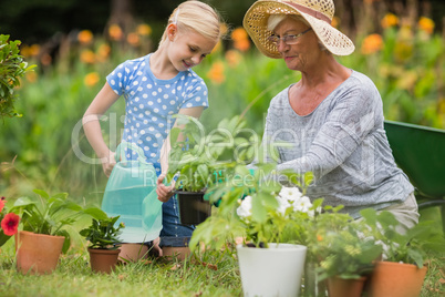 Happy grandmother with her granddaughter gardening