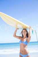 Pretty blonde woman holding surf board