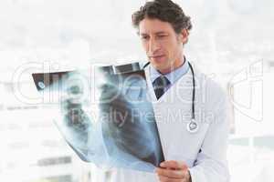 Serious doctor looking at X-ray