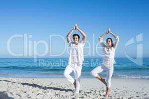 Happy couple doing yoga beside the water