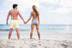 Happy couple holding hands and looking at the sea