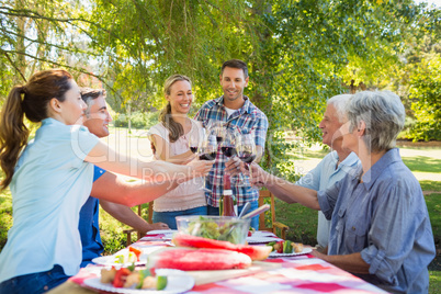 Happy couple toasting with their family