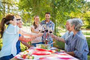 Happy couple toasting with their family