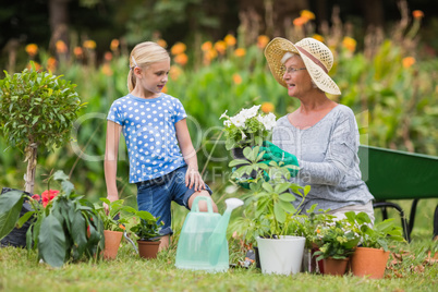 Happy grandmother with her granddaughter gardening