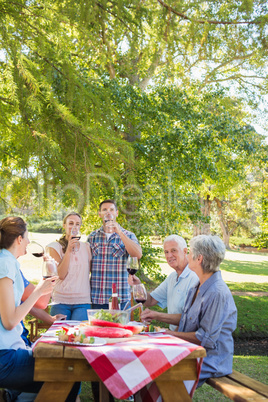 Happy couple toasting with their family