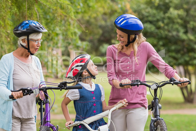 Happy multi generation family on their bike at the park